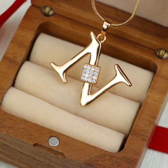 "Rose Gold N Initial Pendant with Dazzling CZ Crystals, XPPT1425 - Picture 7 of 12